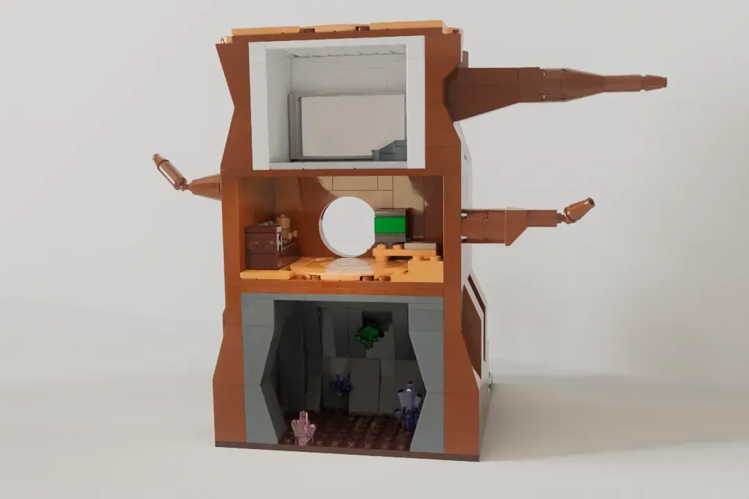 LEGO brick-built structure with brown exterior, featuring multiple levels, windows, and small minifigures inside different…