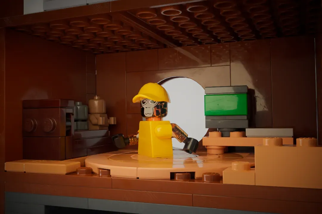 LEGO construction scene with minifigure in yellow hard hat and vest on tan platform with brown buildings and green sign.