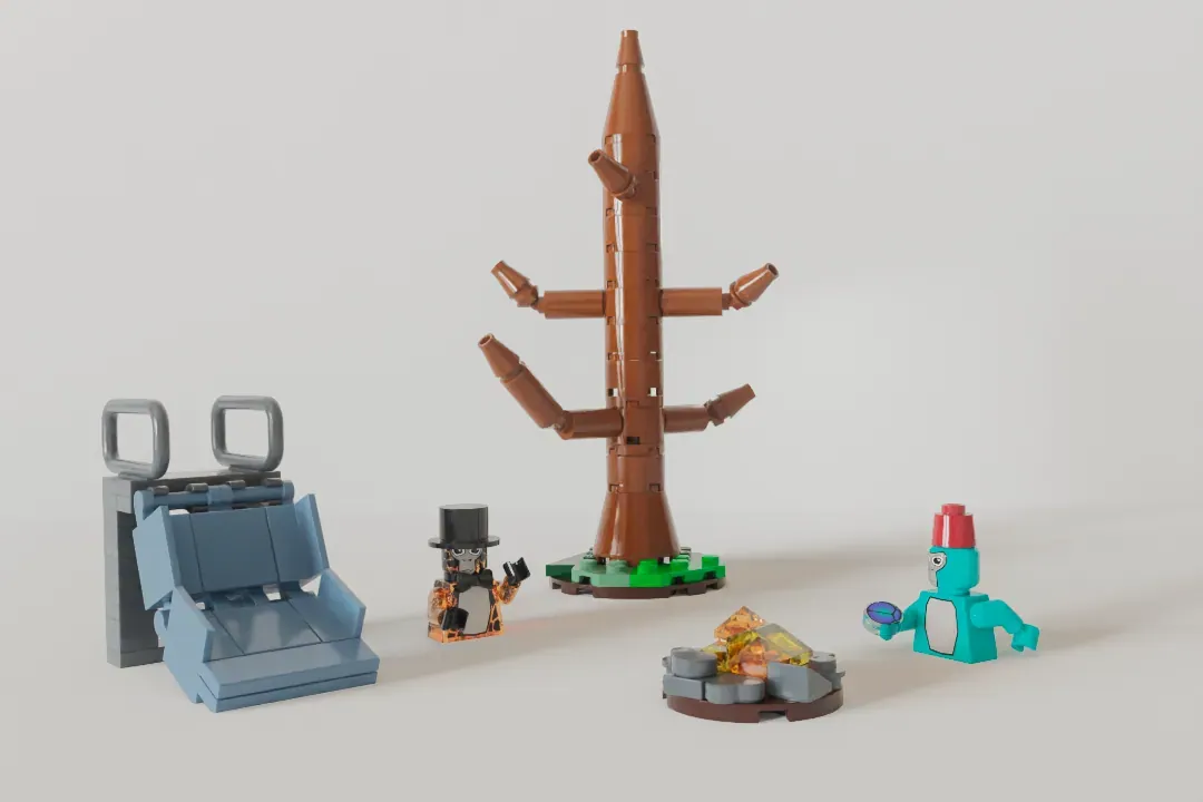LEGO Gorilla Tag set with forest map components: rope structure, minifigures, campfire, and blue climbing wall.