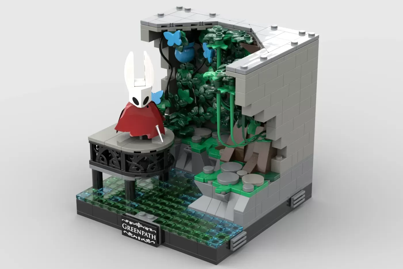 LEGO Hollow Knight set featuring the Knight minifigure with sword, green Greenpath environment, blue flowers, and detailed…