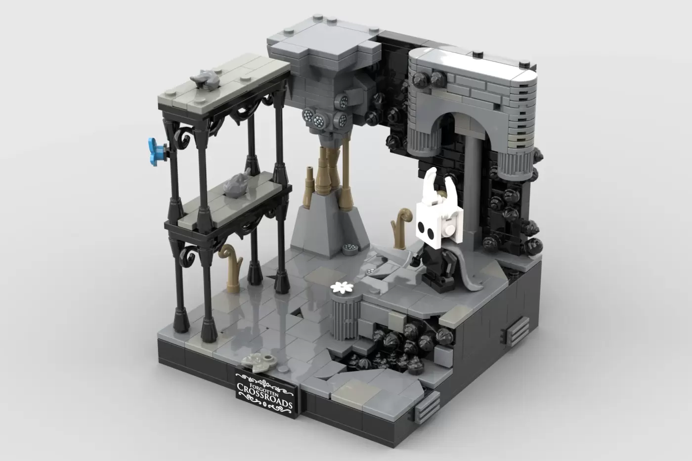 LEGO Hollow Knight diorama featuring grey stone architecture, black ornate pillars, and The Knight minifigure in a gothic …