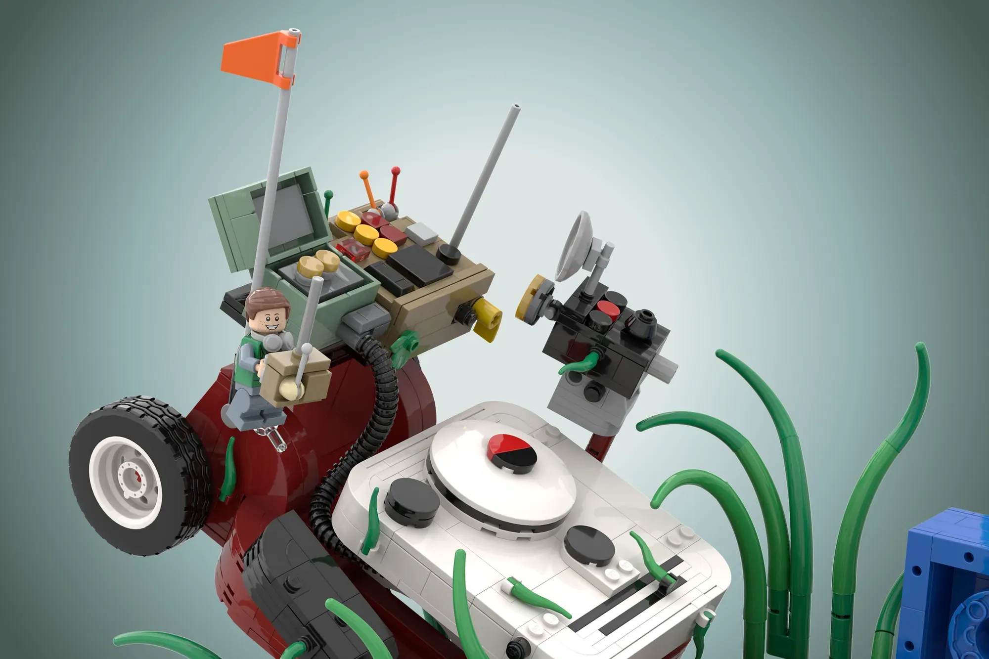 LEGO Ideas Honey I Shrunk the Kids set featuring minifigure, giant lawnmower, and oversized household items.