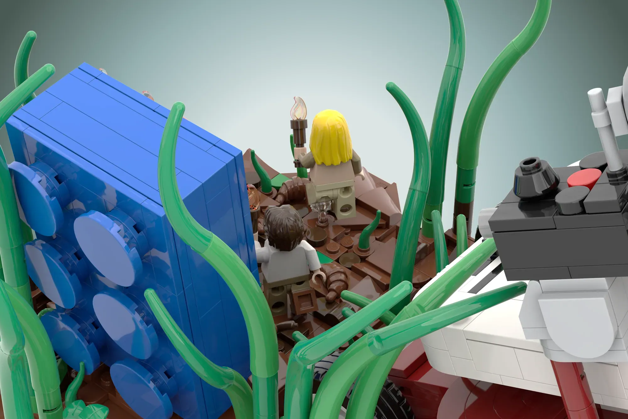 LEGO Ideas "Honey, I Shrunk the Kids" set with minifigures among giant green plants and oversized household items.