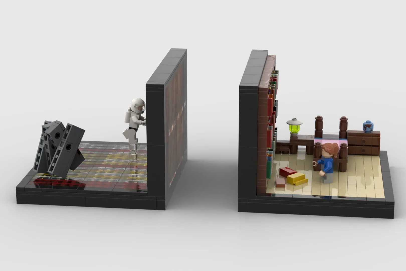 LEGO Interstellar bookend set featuring Cooper minifigure, docking scene, and Murph's room with TARS robot.