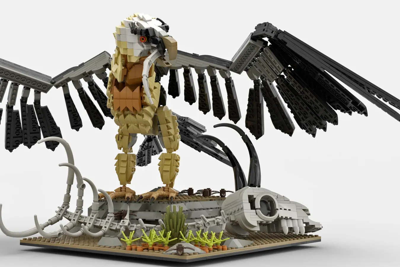 LEGO bearded vulture model with articulated wings, skeletal remains, and desert base with vegetation.