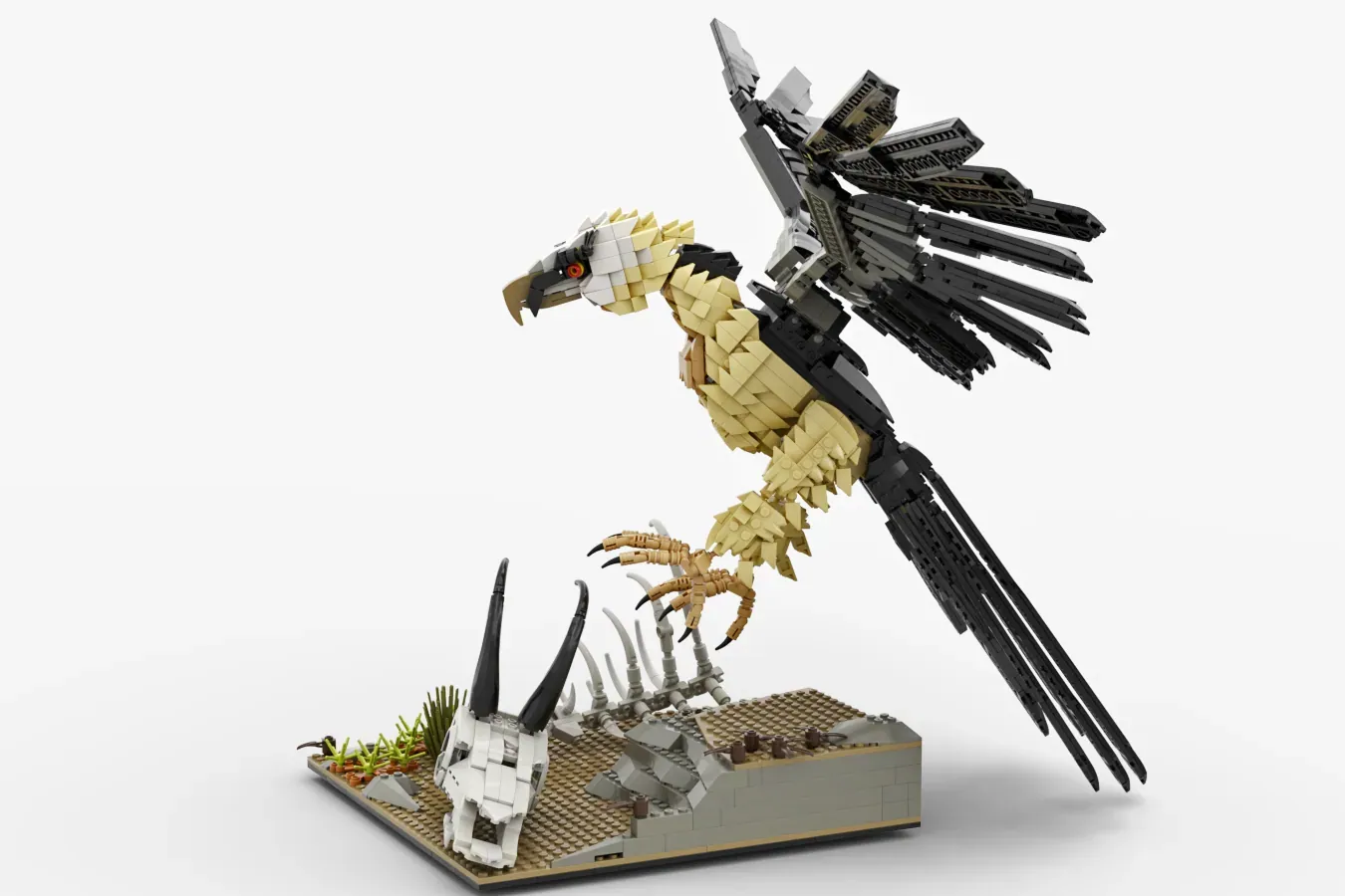 LEGO Bearded Vulture set with poseable wings, tan plumage, skull base, and detailed bird construction.