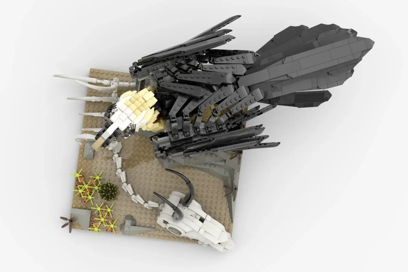 LEGO Bearded Vulture set with movable black wings, tan base with vegetation details, and white landing gear.