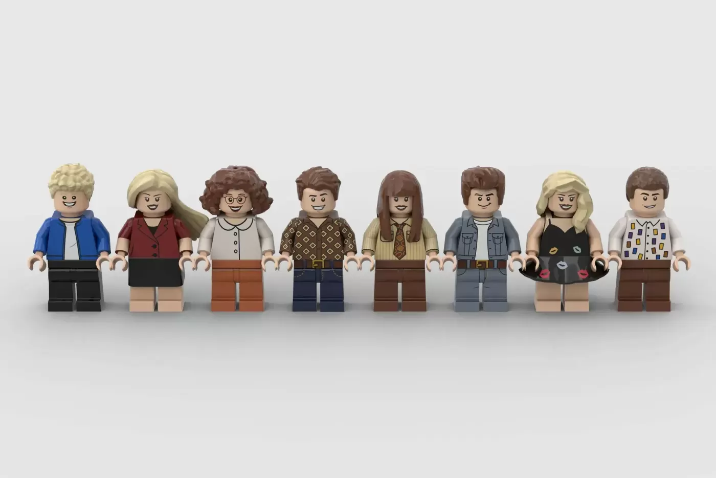 Eight LEGO minifigures lined up representing Beverly Hills 90210 characters with varied hair styles and 1990s-inspired clo…