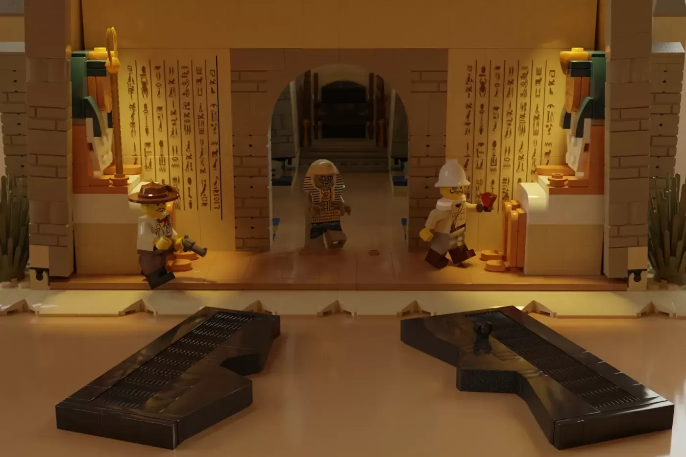 LEGO Adventurers Egyptian temple set with opening doors, minifigures, hieroglyphic walls, torches, and black display bases.