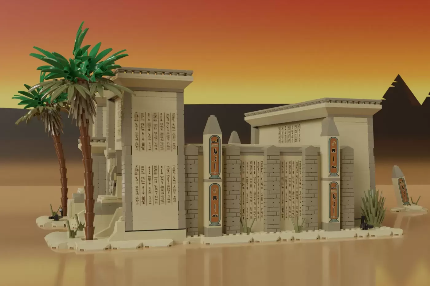 LEGO Egyptian temple set with palm tree, hieroglyphic walls, and ornate cartouche decorations in desert setting.