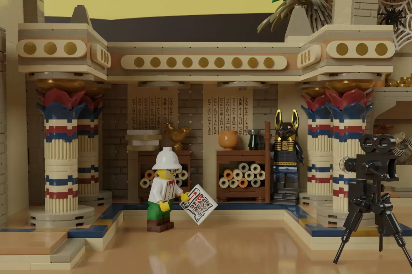 LEGO Adventurers Egyptian temple set with ornate columns, hieroglyphics, minifigures, and detailed interior chambers.