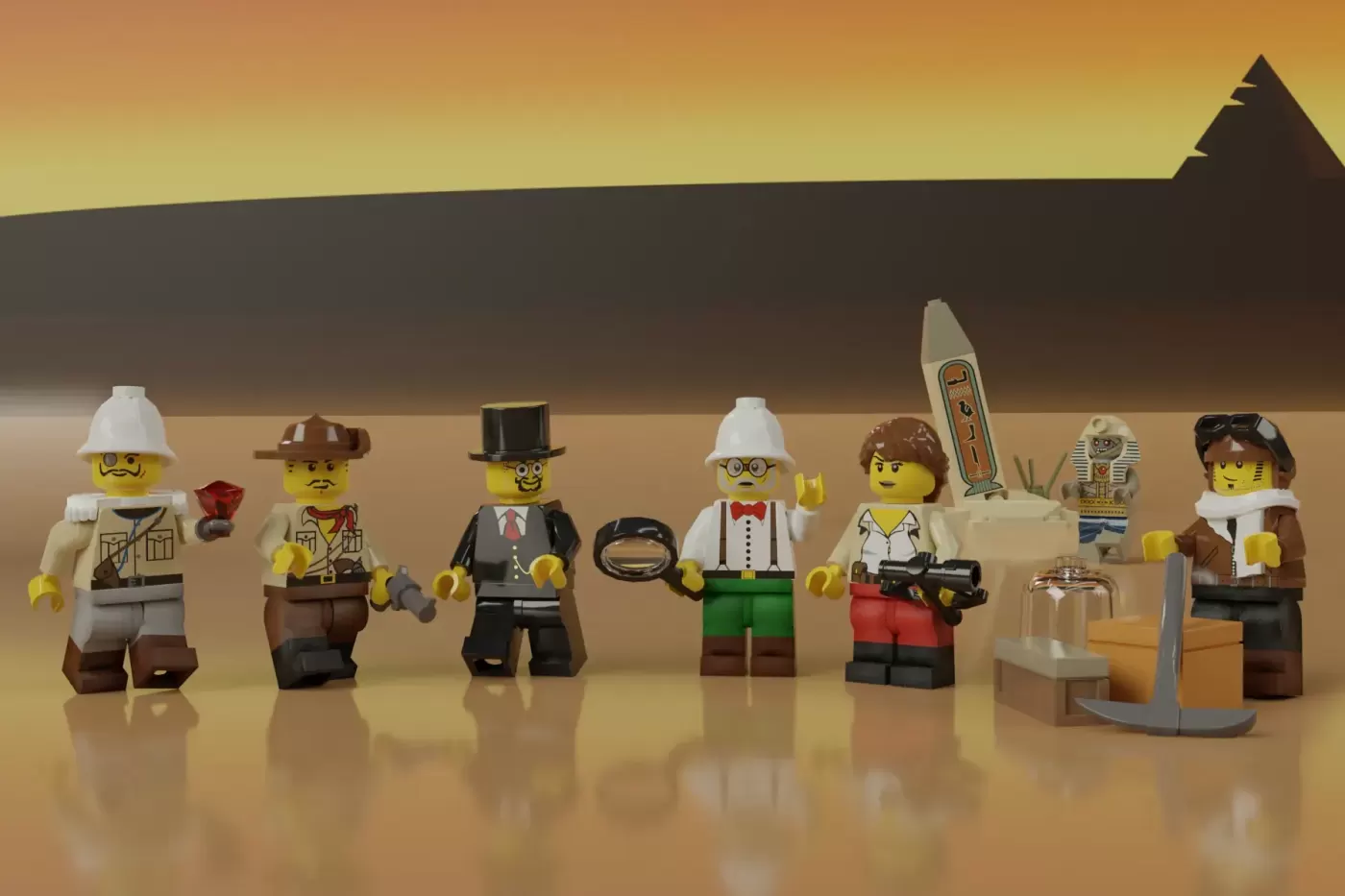 LEGO Adventurers minifigures lined up in Egyptian desert setting with pyramid silhouette backdrop.