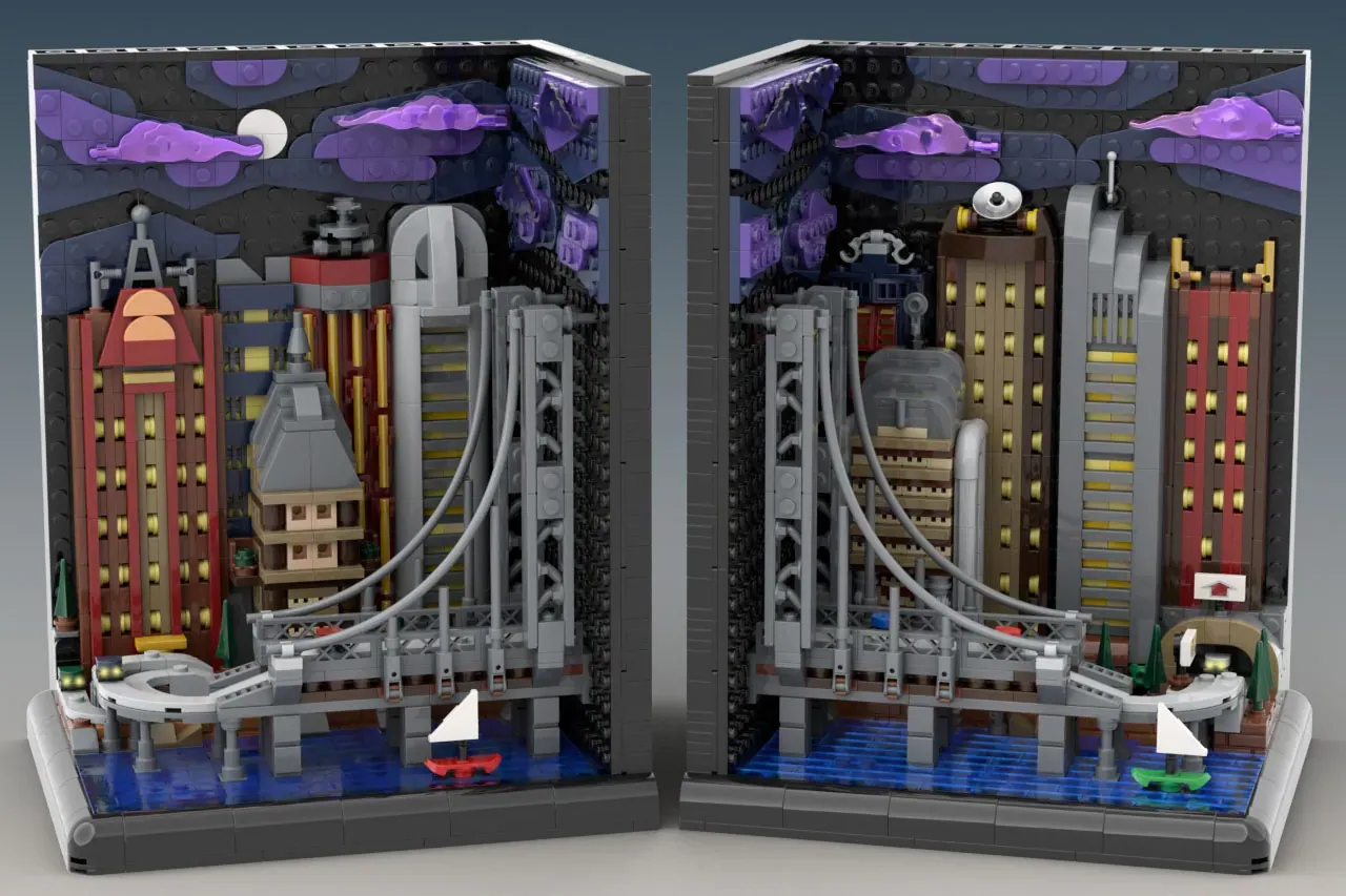 LEGO City Skyline Bookends featuring illuminated buildings, bridges, and water scenes on dual diorama bases.