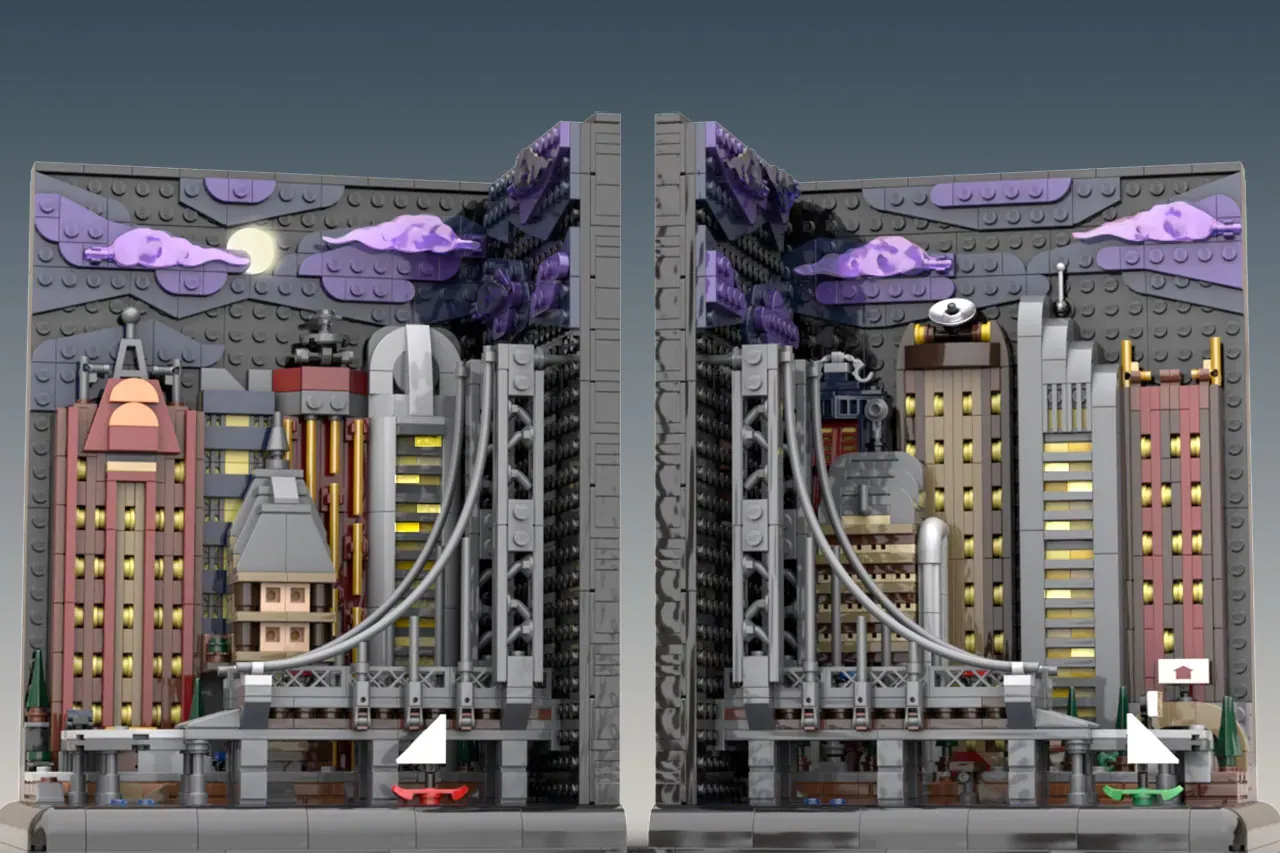 LEGO city skyline bookends featuring illuminated buildings, suspension bridge, and purple night sky with clouds.