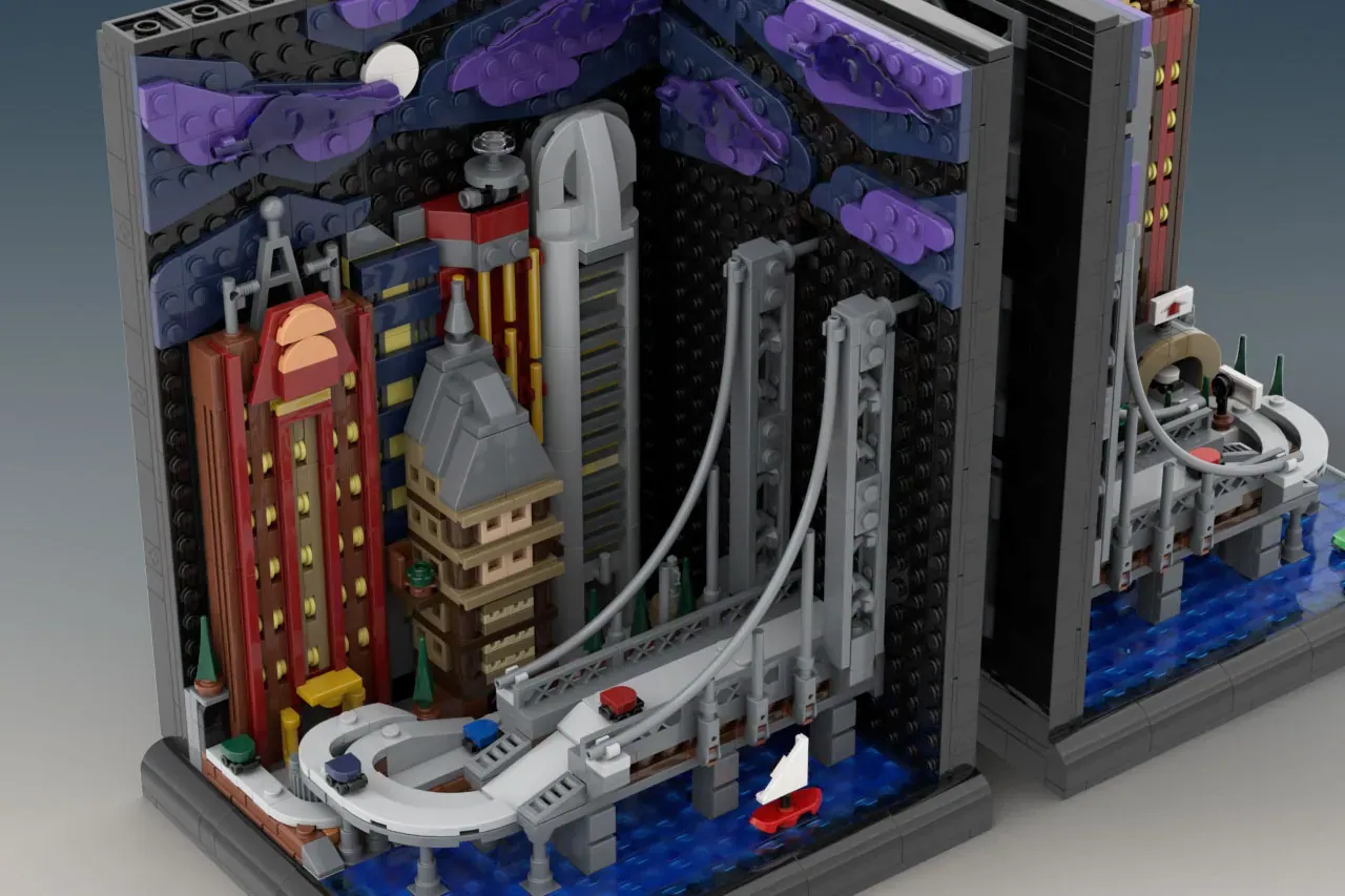 LEGO cityscape diorama with illuminated skyscrapers, roller coaster track, red building, and blue water base.