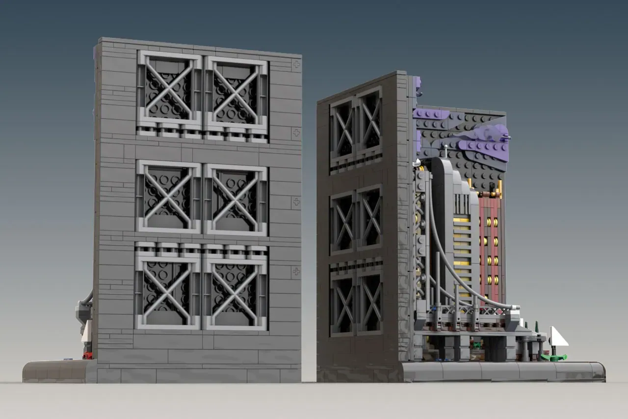 LEGO skyline bookend buildings with detailed facades, cross-braced windows, and colorful interior mechanical details.