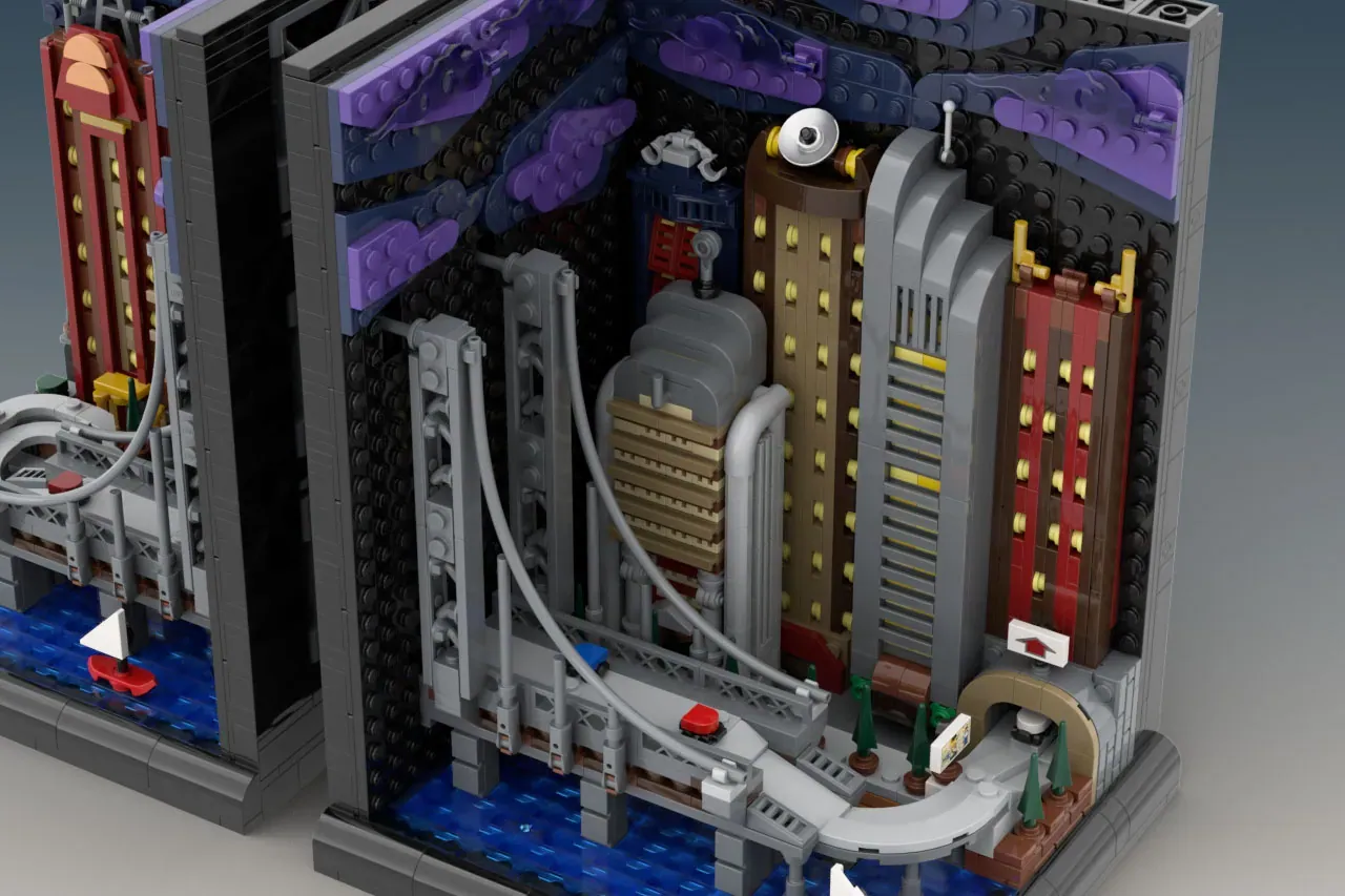 LEGO cityscape bookend section showing illuminated buildings, street level with blue baseplate, white pipes, and purple ni…