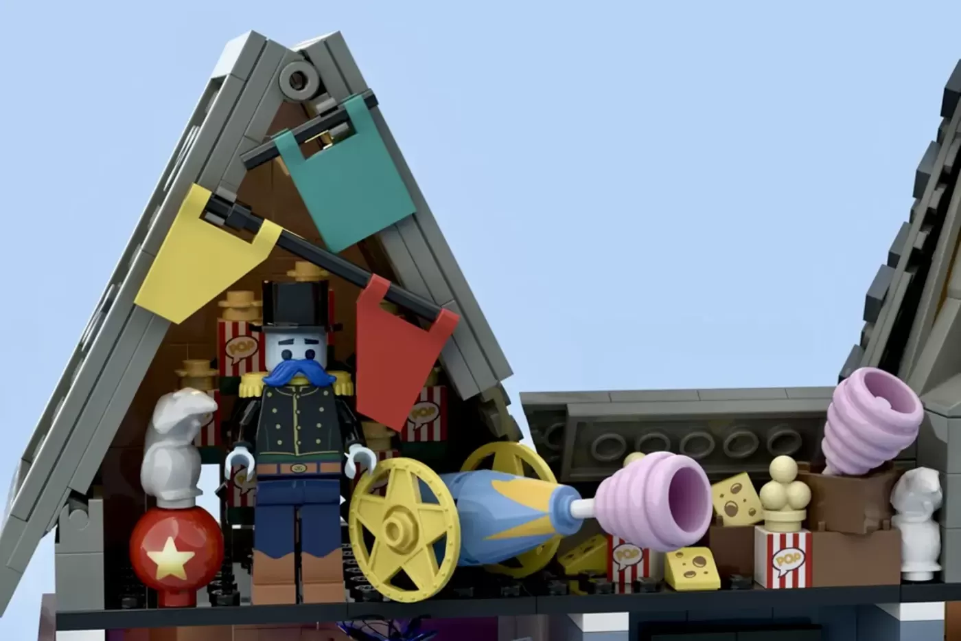 LEGO Pink Palace set featuring a captain minifigure, colorful cannons, popcorn machine, and detailed nautical-themed archi…