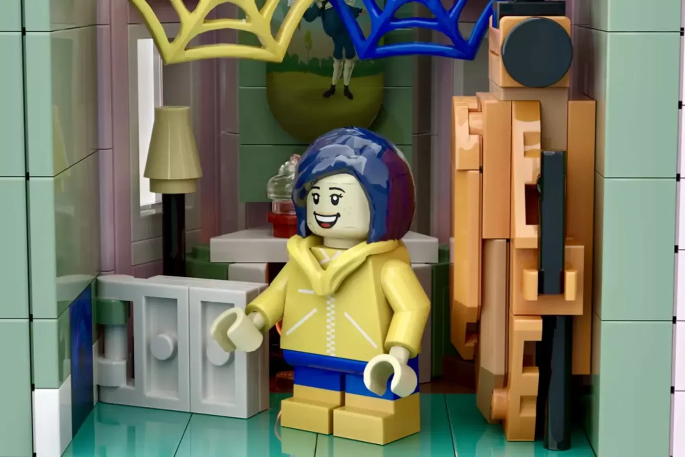 LEGO minifigure in yellow jacket and blue hat inside Pink Palace room with colorful crown sculpture and detailed brick arc…
