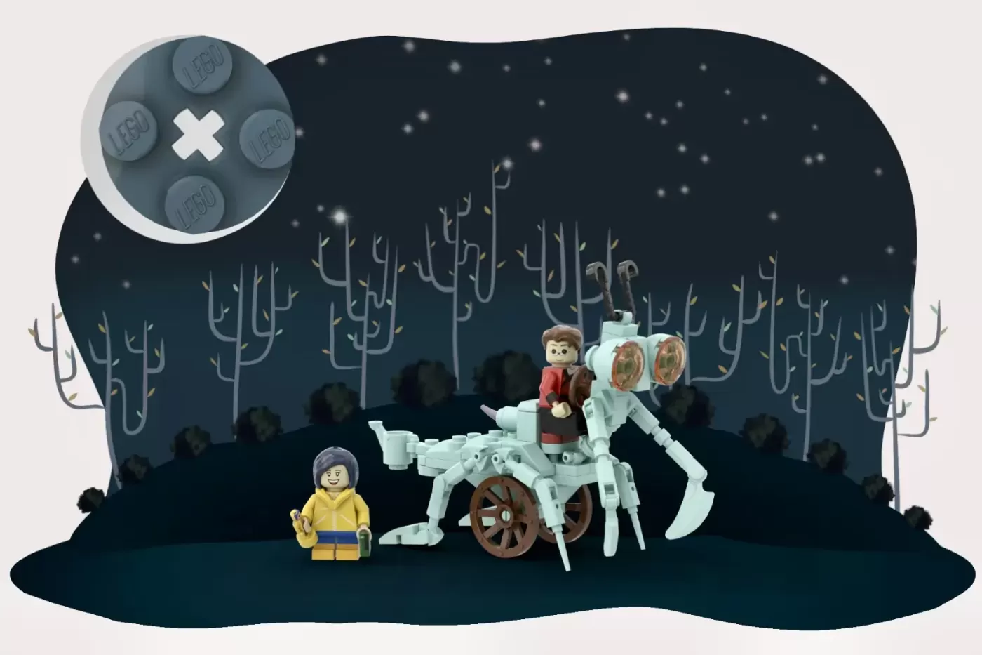 LEGO Coraline scene with skeletal spider-like creature, minifigures, and spooky forest backdrop under moonlight.
