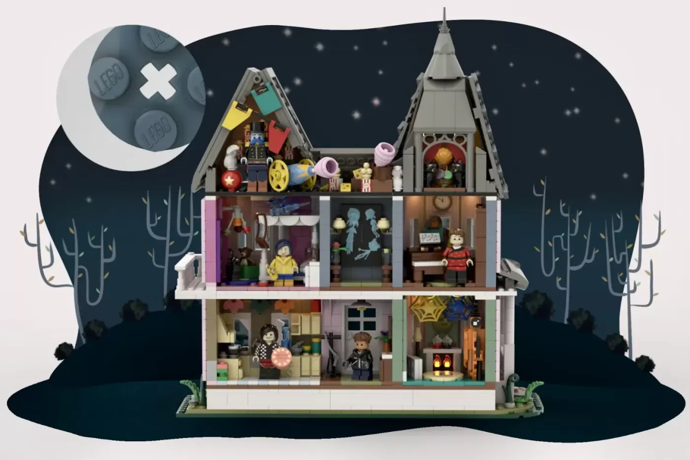 Detailed LEGO Coraline Pink Palace dollhouse with multiple floors, minifigures, spooky nighttime setting, and crescent moon.