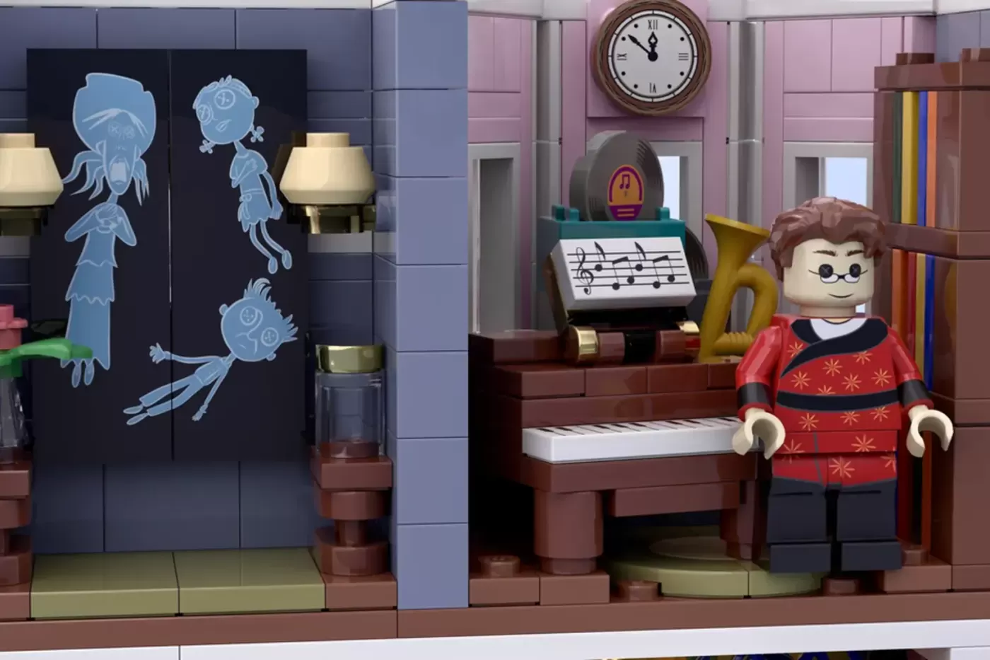 LEGO Coraline Pink Palace set with Coraline minifigure in red sweater, blue ghost artwork, piano, and wall clock.