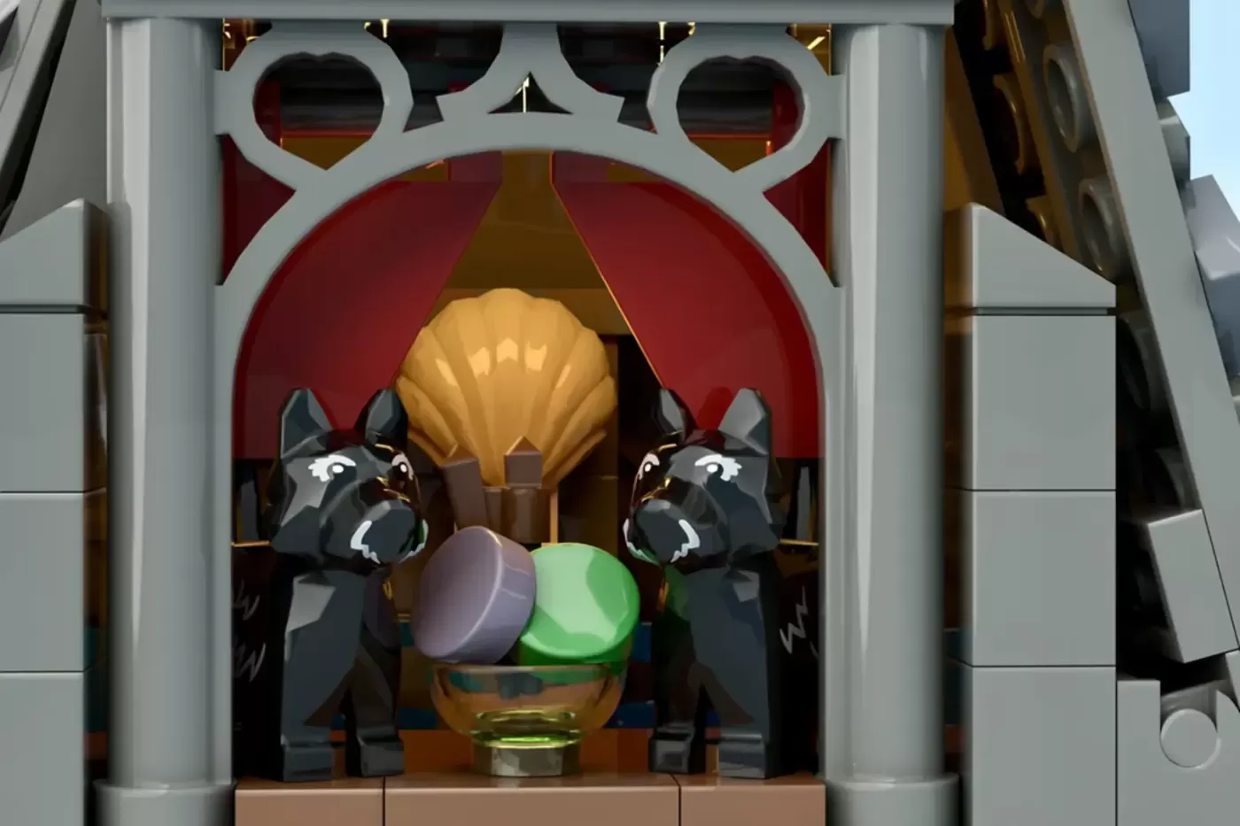 LEGO Pink Palace set featuring two cat minifigures flanking a golden shell and colorful orbs inside a grand archway.