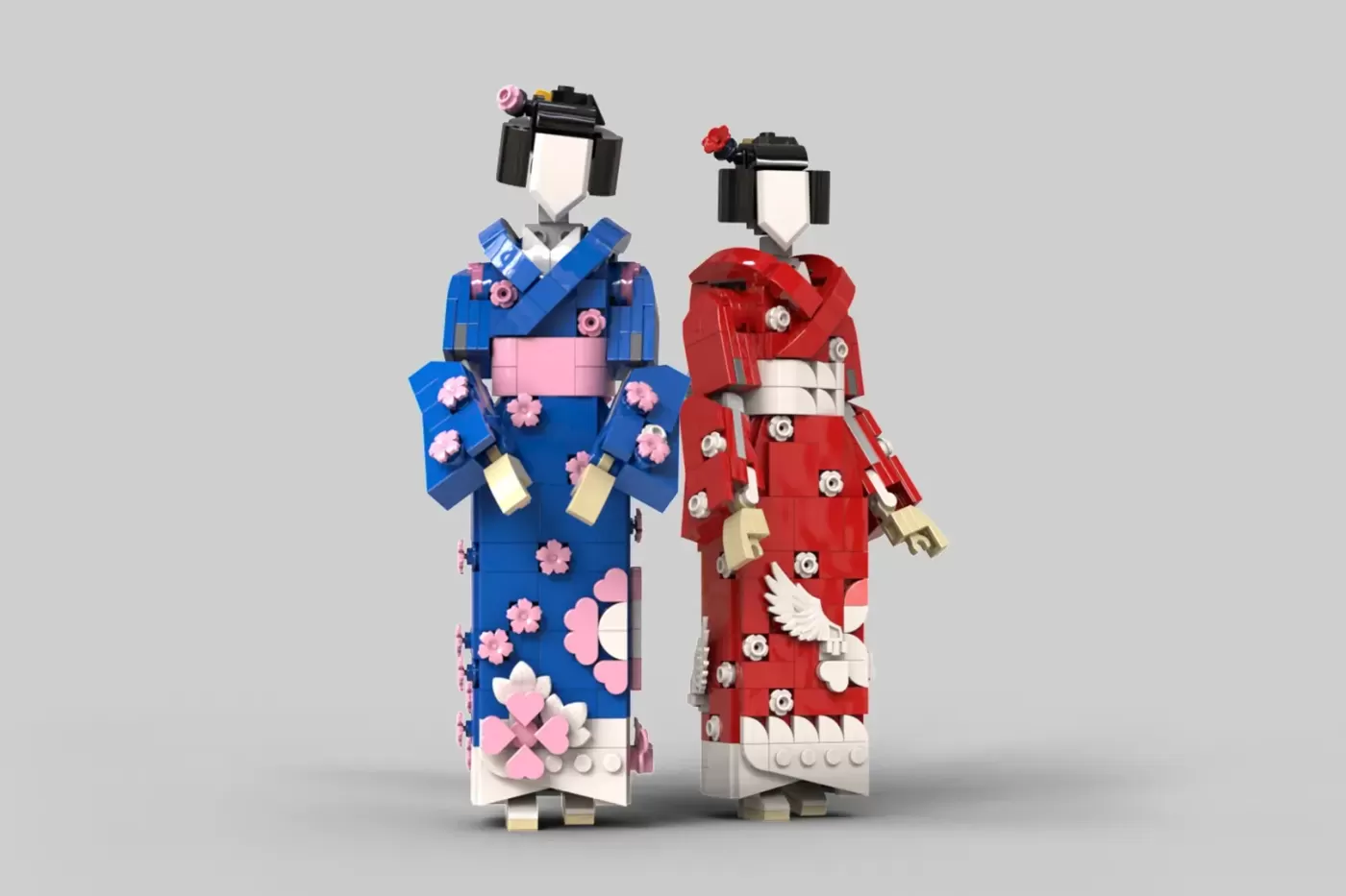 Two LEGO figures wearing detailed brick-built kimonos in blue and red with floral patterns and accessories.