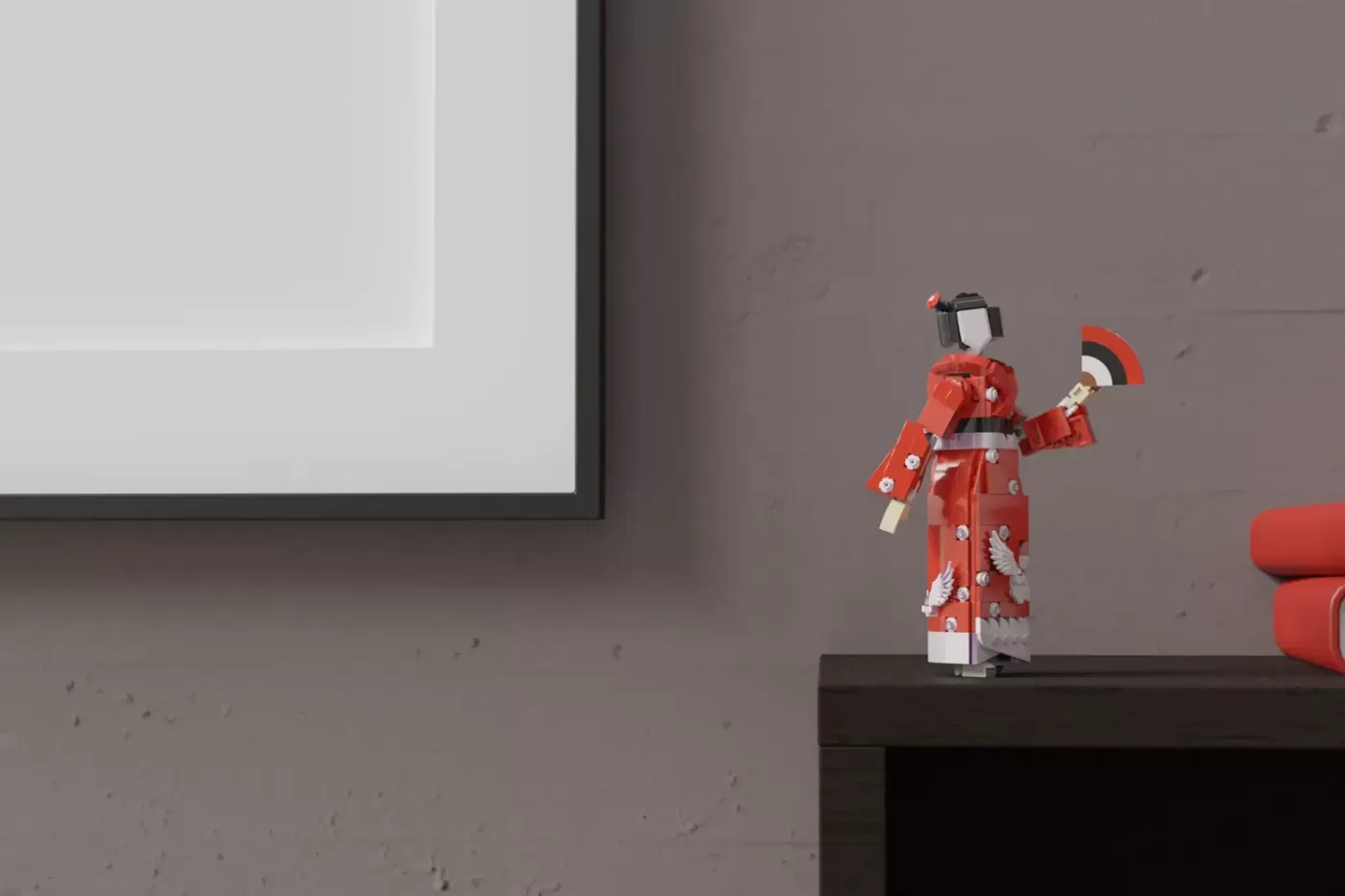 LEGO minifigure in red kimono with white patterns stands on dark surface near projection screen.