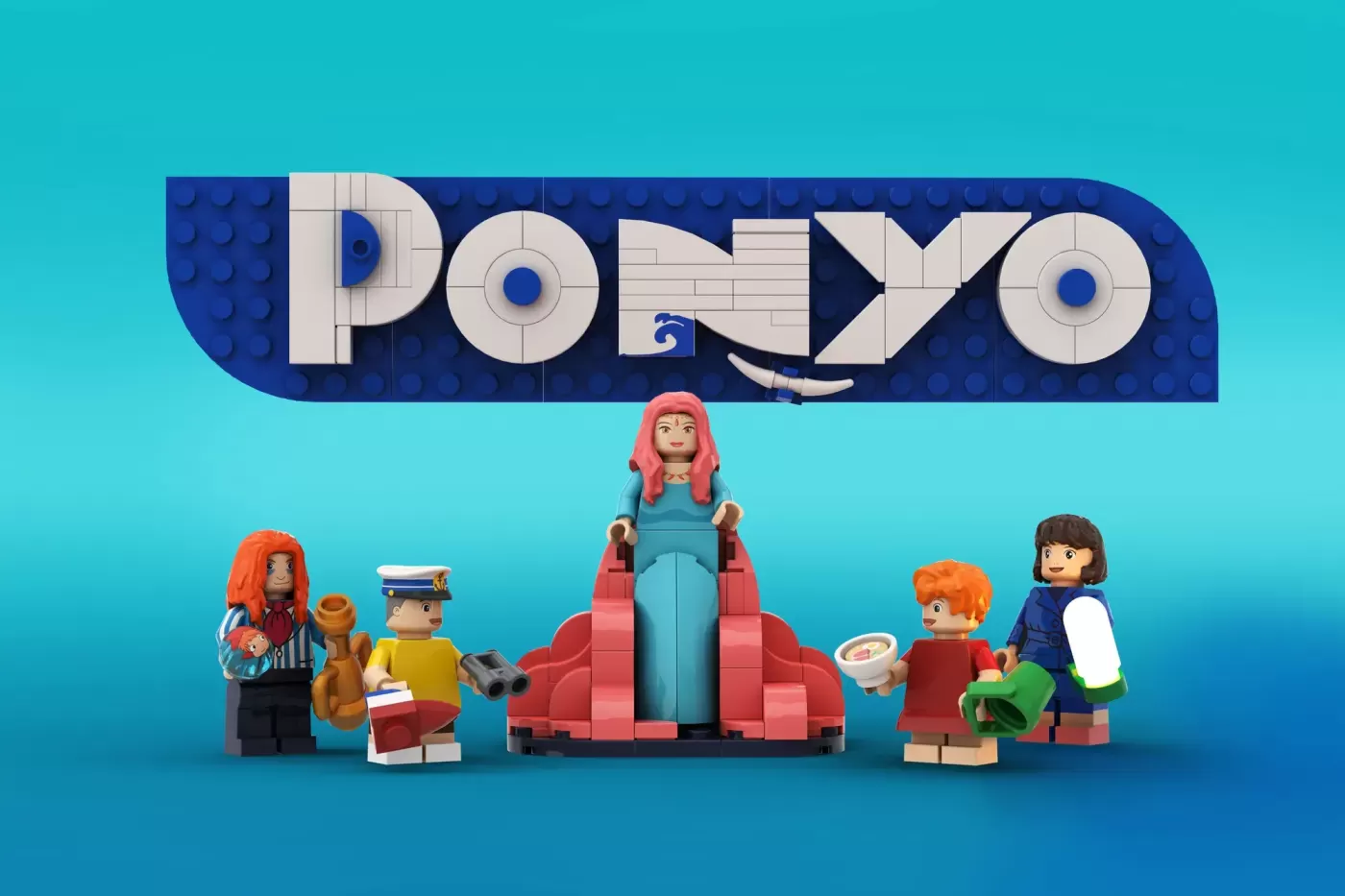 LEGO Ponyo set with minifigures and underwater-themed builds on turquoise background.