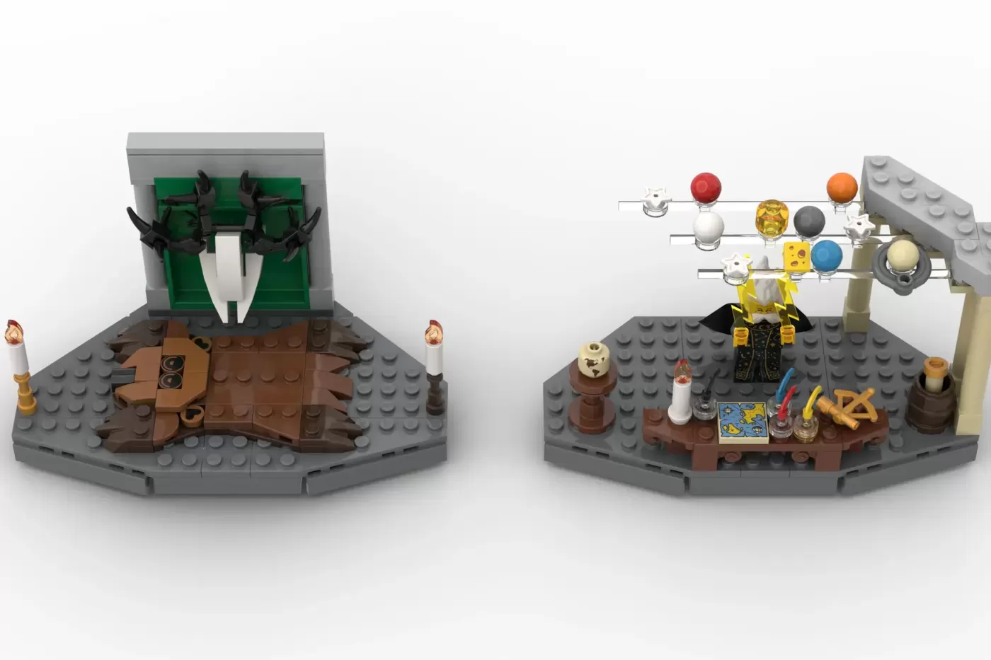Two LEGO wizard-themed diorama scenes: left shows a dark tower with green roof and black spires; right displays a yellow w…