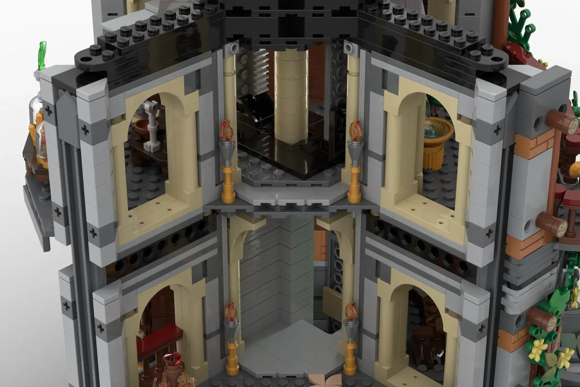 LEGO Wizards' Tower cross-section showing multiple rooms with arched doorways, torches, and detailed interior spaces acros…