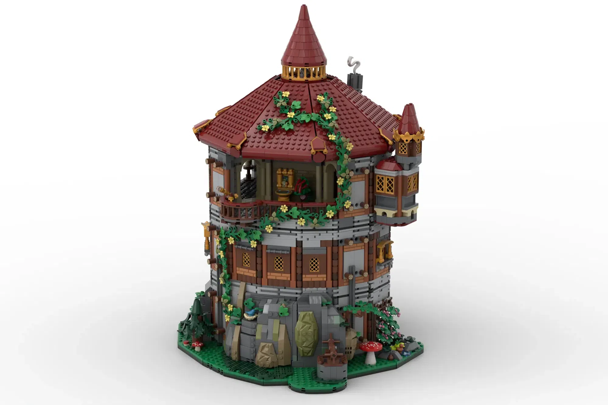 LEGO Wizards' Tower with red-tiled roof, ivy-covered walls, turrets, and detailed base featuring magical garden elements.