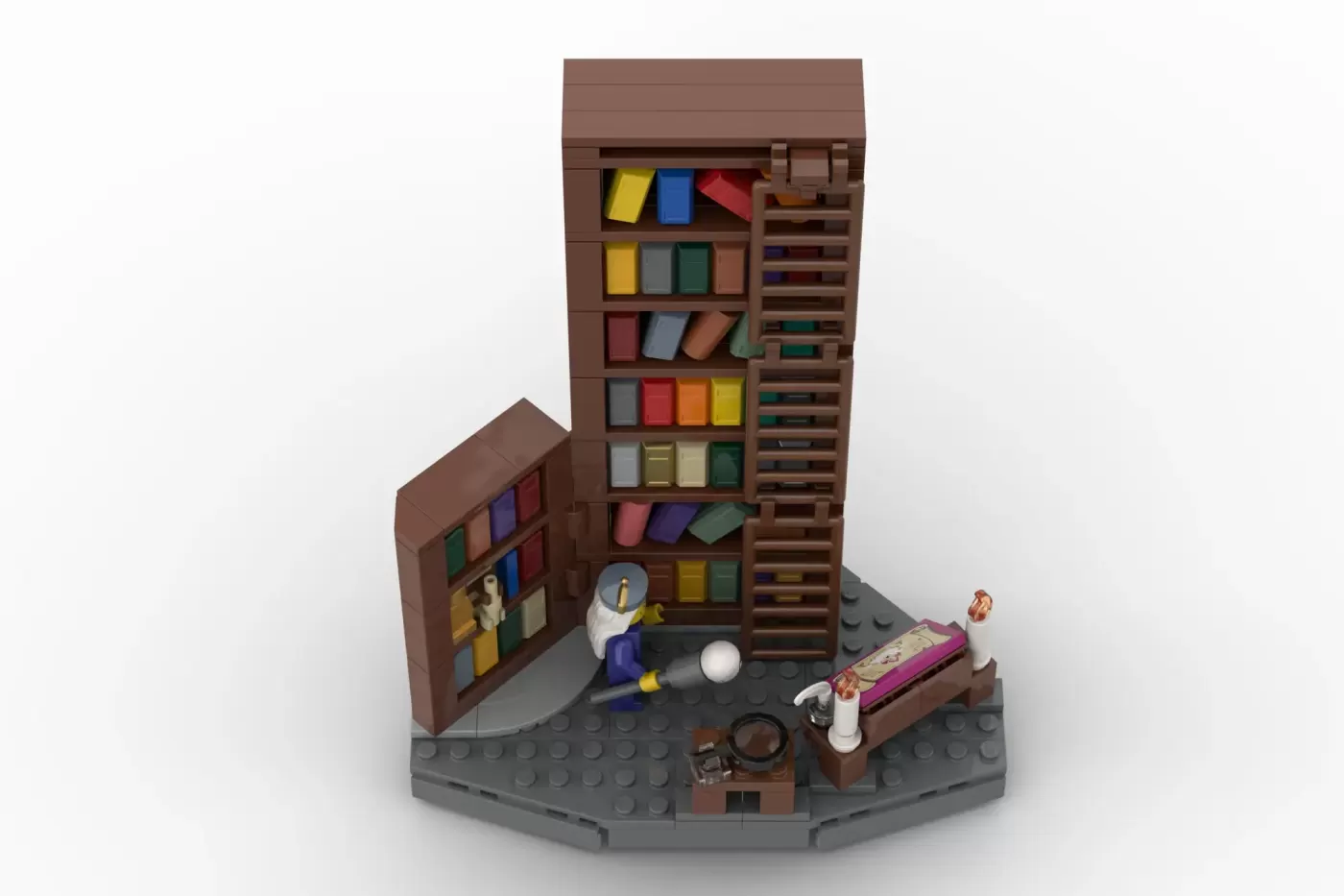 LEGO Wizards' Tower with minifigure, colorful brick storage shelves, ladder, and magical accessories on baseplate.