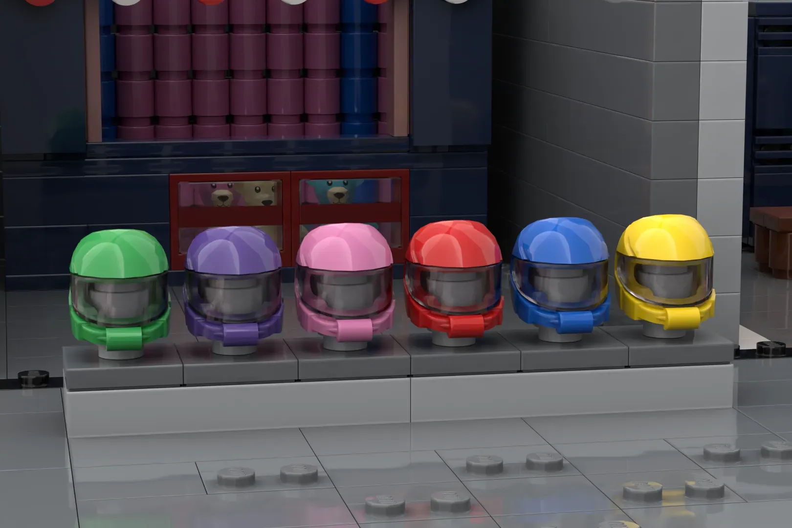 Six colorful LEGO minifigure helmets displayed on a gray platform in a modern interior setting.