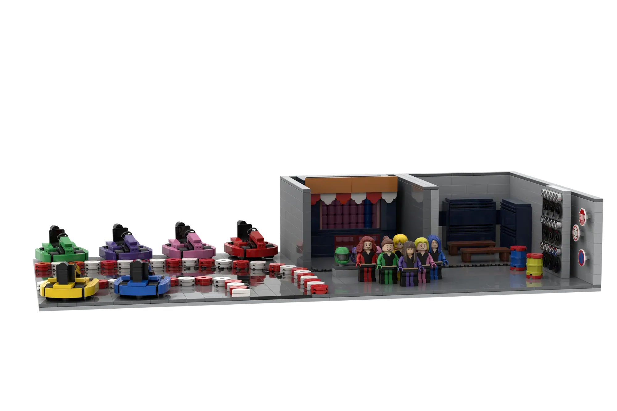 LEGO set depicting a music video studio with colorful bumper cars, minifigures, stage with curtains, and equipment.
