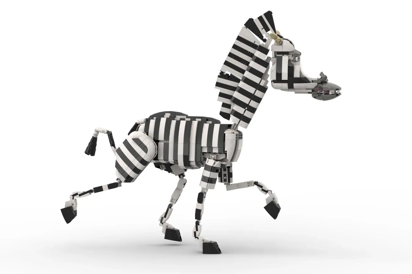 LEGO Marty the Zebra figure with black and white striped body, articulated limbs, and detailed mane in dynamic pose.