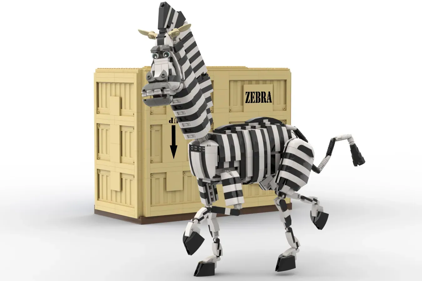 LEGO Marty the Zebra articulated figure with striped black and white body next to tan stable building labeled "ZEBRA".
