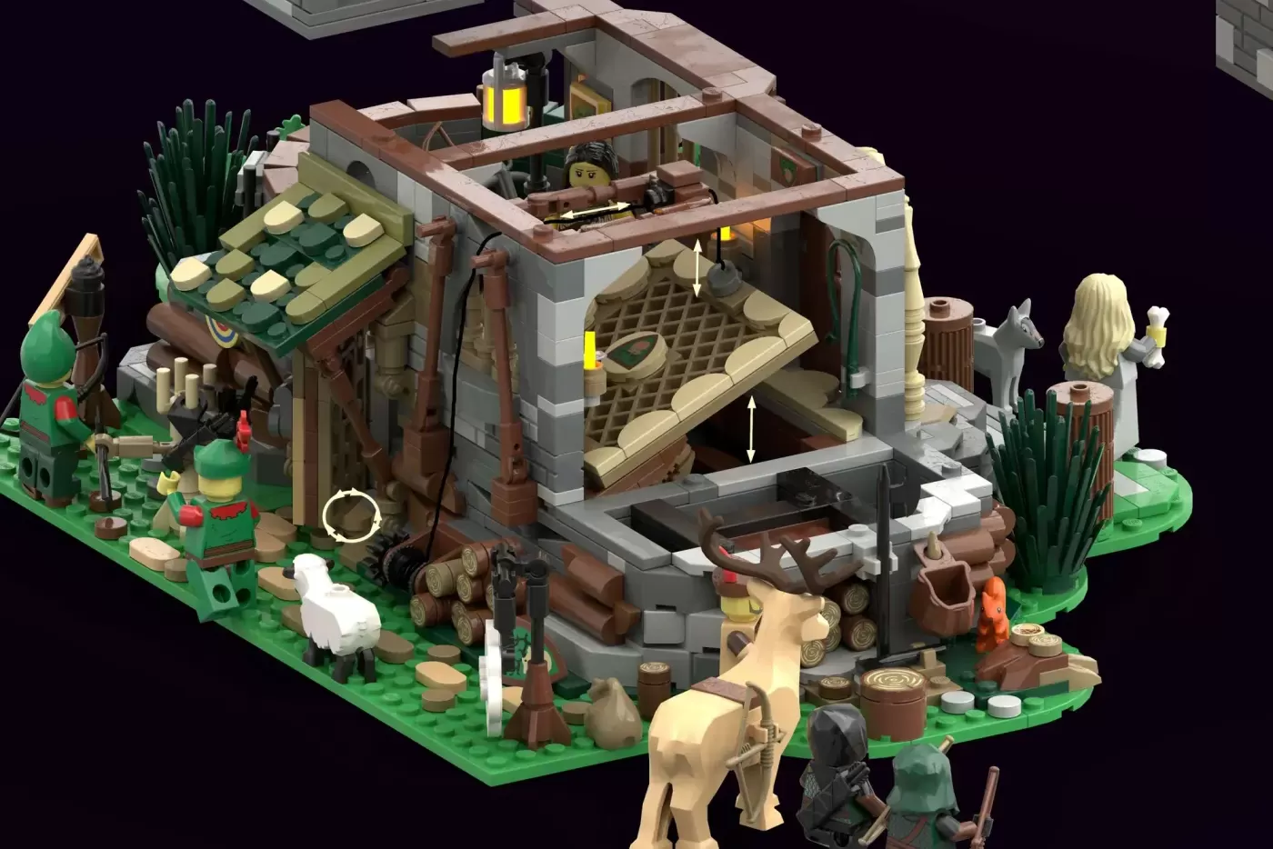 Medieval Hunter's Hut LEGO set with thatched roof, minifigures, animals, weapons, and detailed countryside scenery.