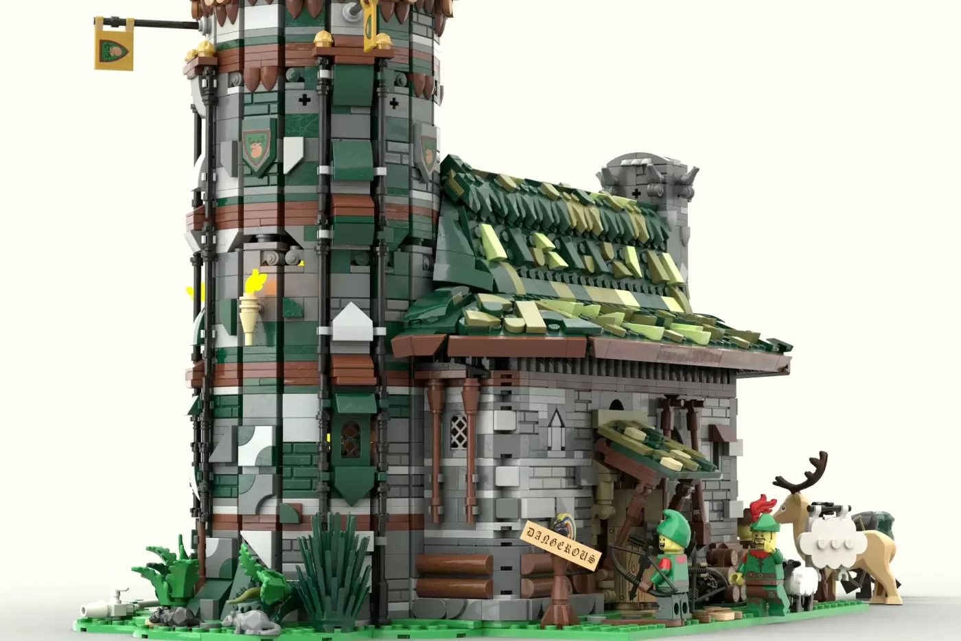 LEGO Medieval Hunter's Hut with tall tower, green roof, minifigures, and deer on green baseplate.