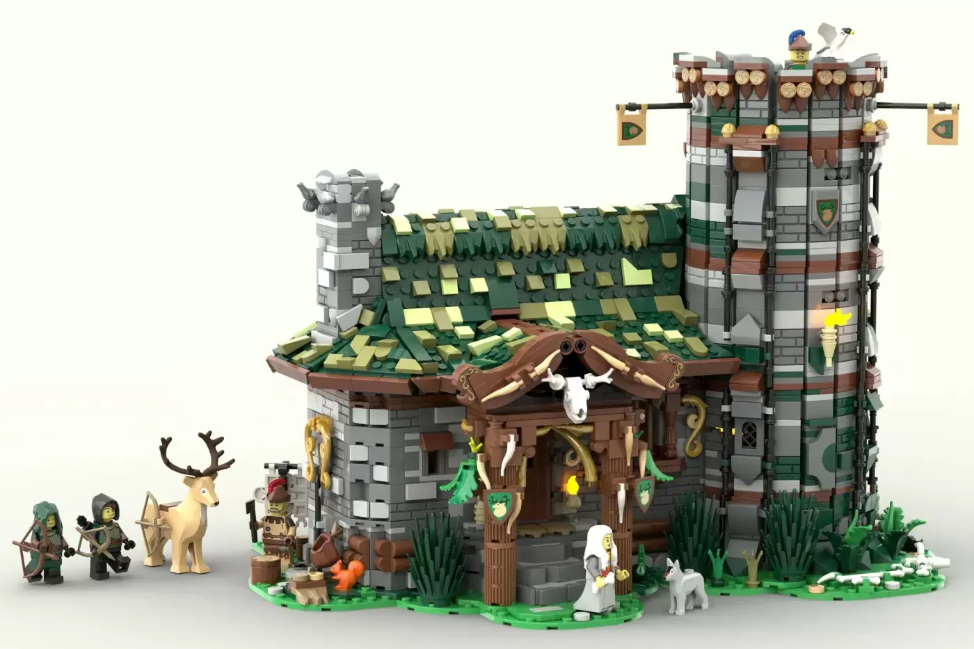 LEGO Medieval Hunter's Hut set with castle towers, minifigures, deer, and detailed stone architecture.