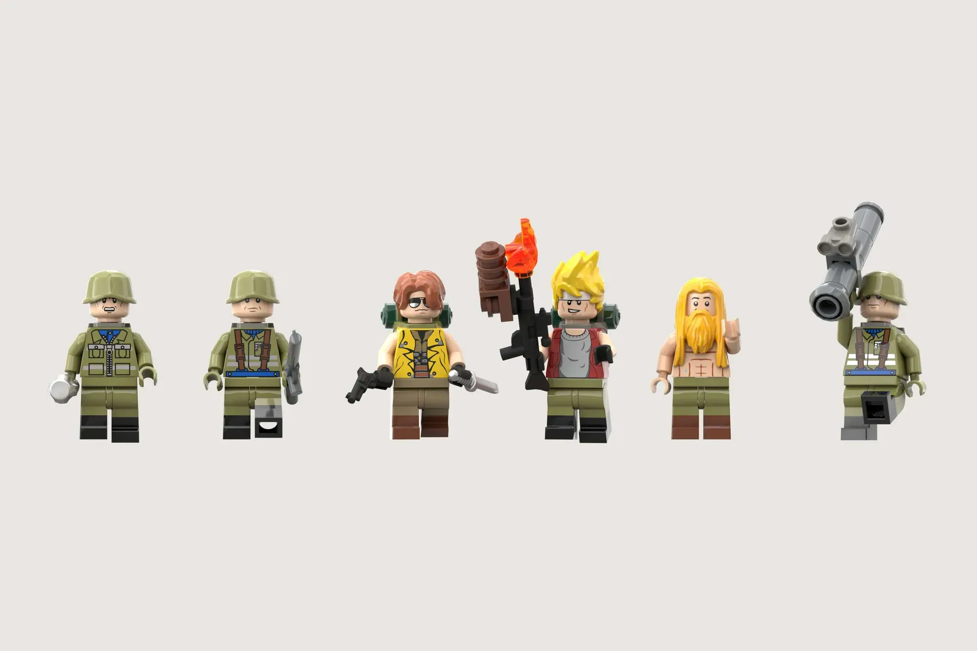 Six LEGO minifigures from Metal Slug set in military outfits with weapons and accessories against white background.