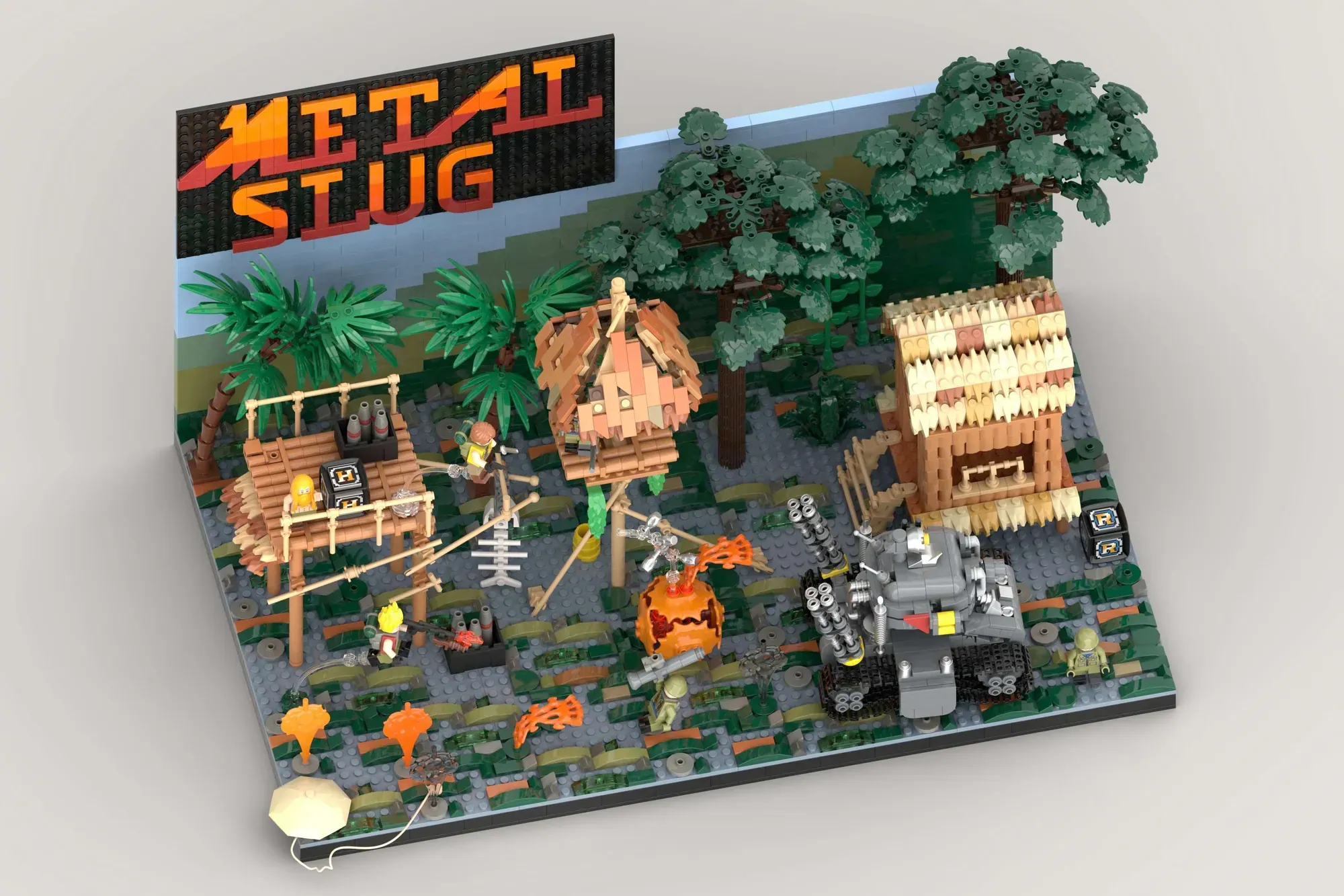 LEGO Metal Slug diorama featuring jungle terrain, wooden structures, vehicles, minifigures, and "Metal Slug" sign.