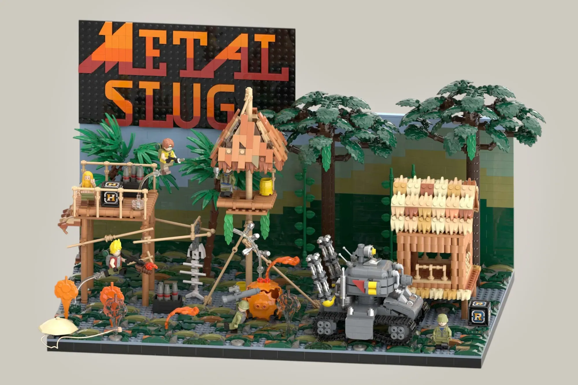 LEGO Metal Slug jungle base with armed minifigures, vehicle, wooden structures, trees, and orange sign.
