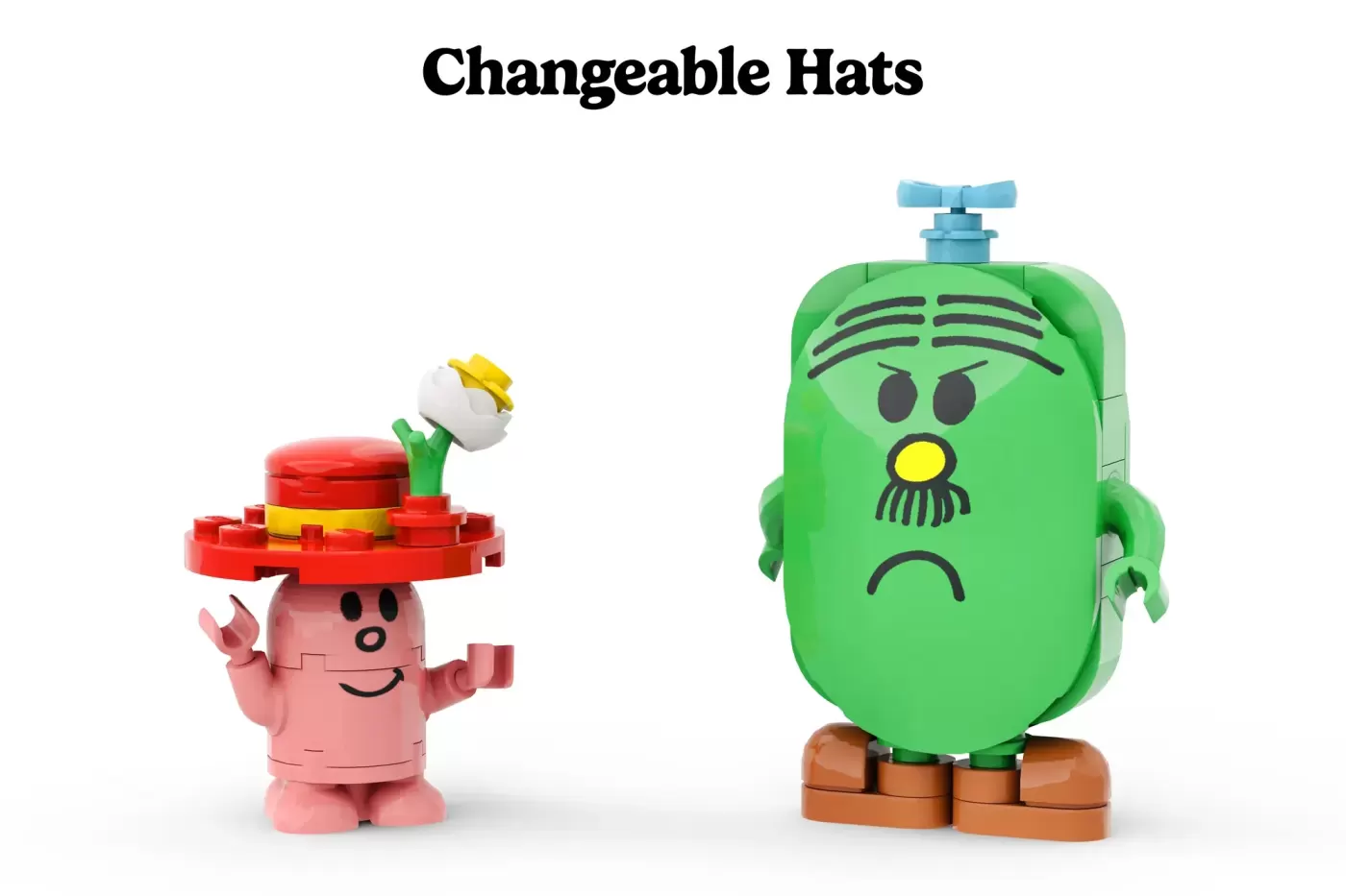 Two LEGO characters with changeable hats: pink character with red hat and flower, green character with blue tap on head.