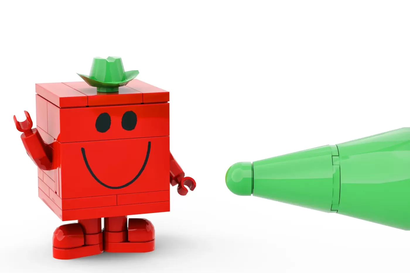 Red LEGO brick character with smiley face and green cowboy hat, waving at green megaphone.