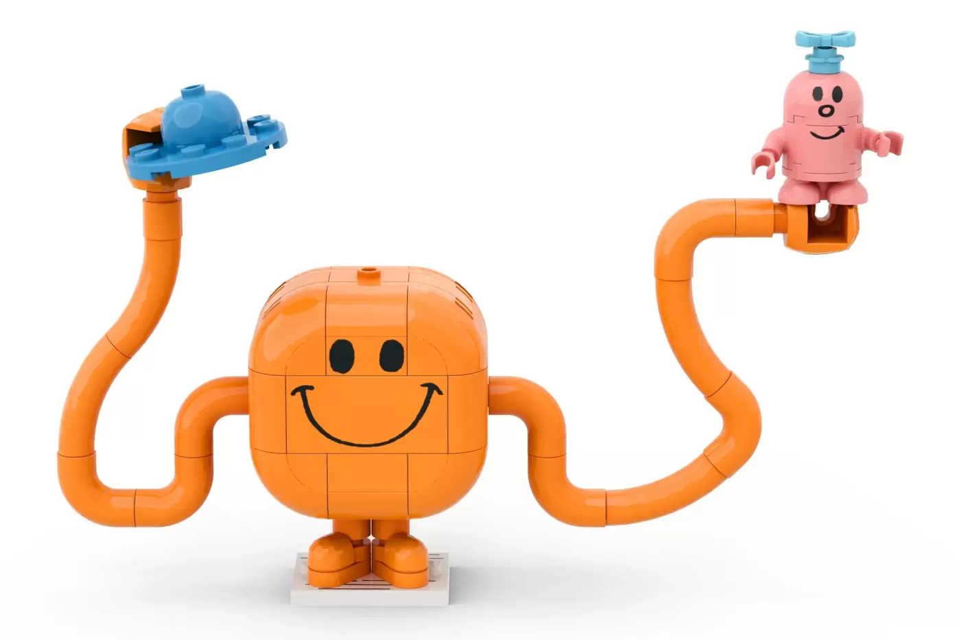 LEGO Mr. Men character with orange body, blue hat, and articulated arms holding a pink minifigure on right arm.