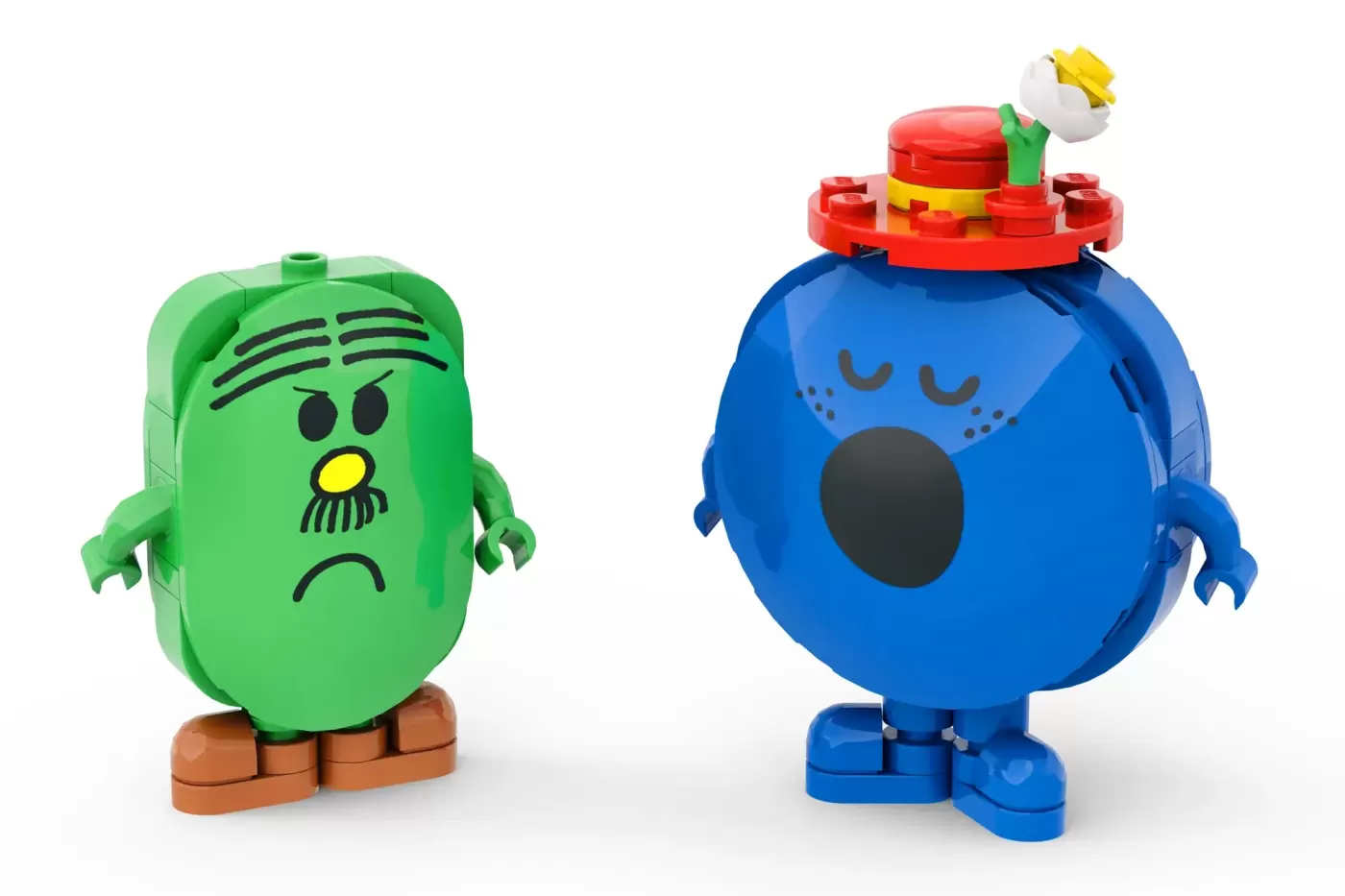 LEGO Mr. Men Little Miss figures: green sad character and blue round character with red hat and yellow flower.