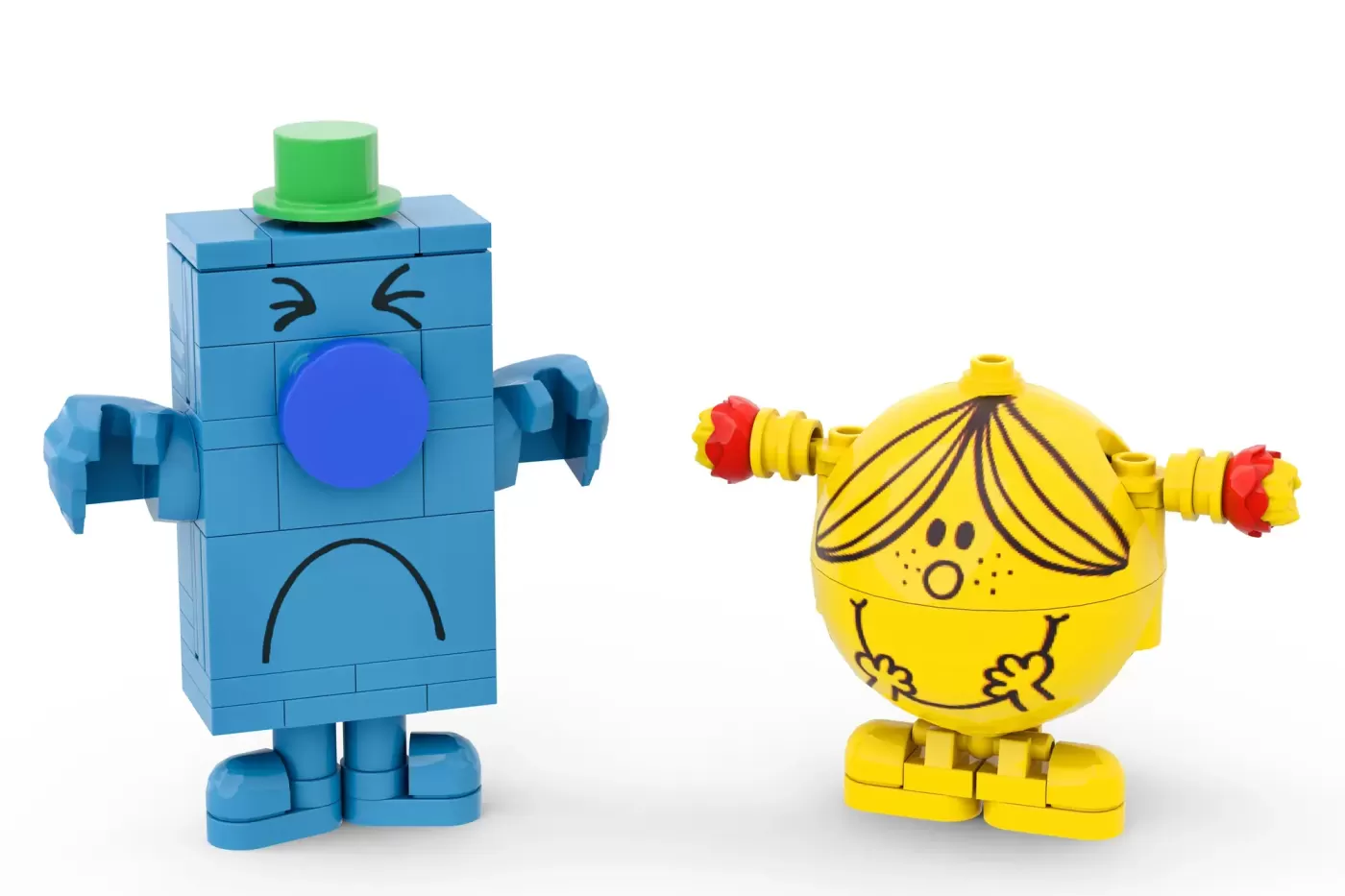 Two LEGO brick-built Mr. Men and Little Miss characters: blue sad figure with green hat and yellow cheerful character with…