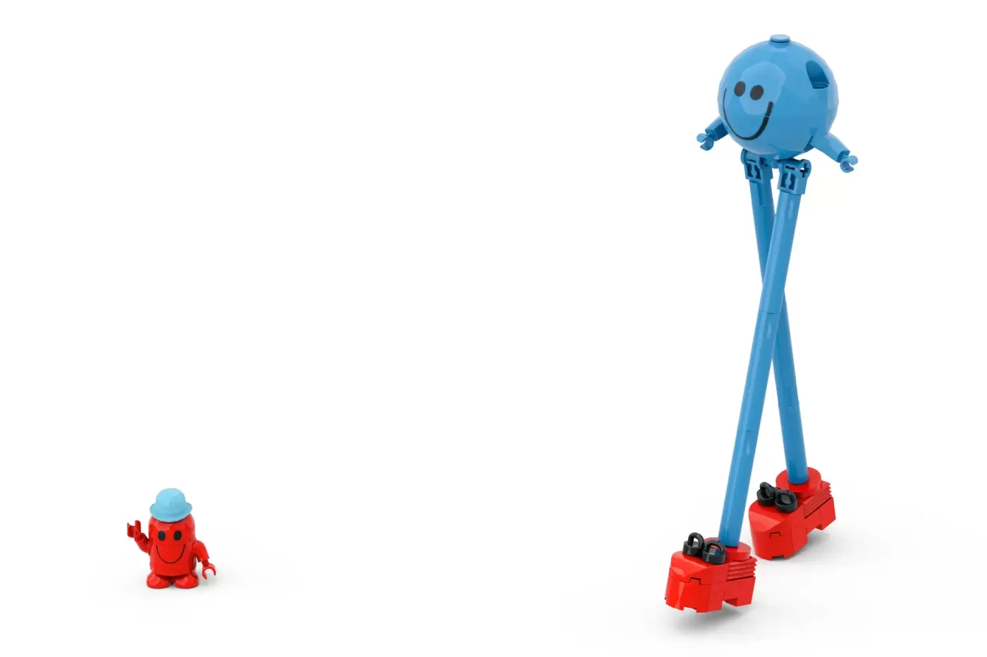 Two blue LEGO Mr. Men figures with red bases, showing size comparison between small and large character versions.